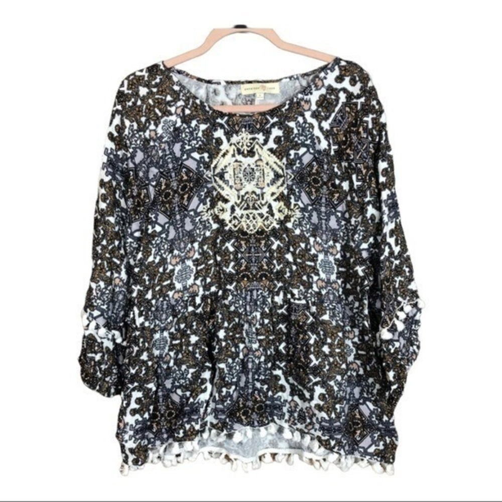 Penelope Rose Boho Embroidered Pom Pom Trim‎ Blouse XL Geometric Print Top